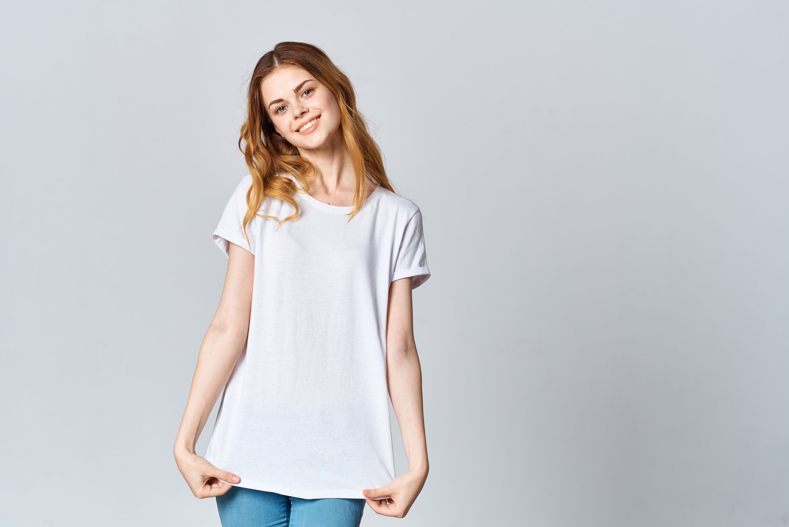 Woman in White T-Shirt and Jeans Design Mockup Advertisement